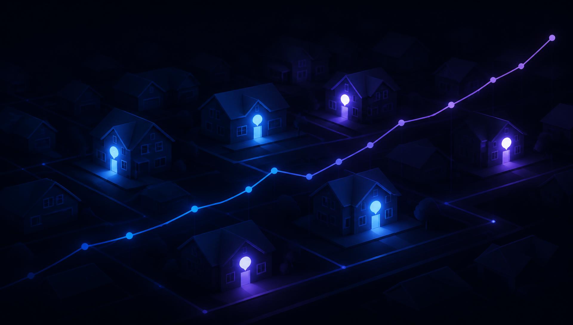 Abstract dark illustration of a glowing neighborhood grid with lit door pins and a rising performance line, representing door-to-door sales growth in 2026