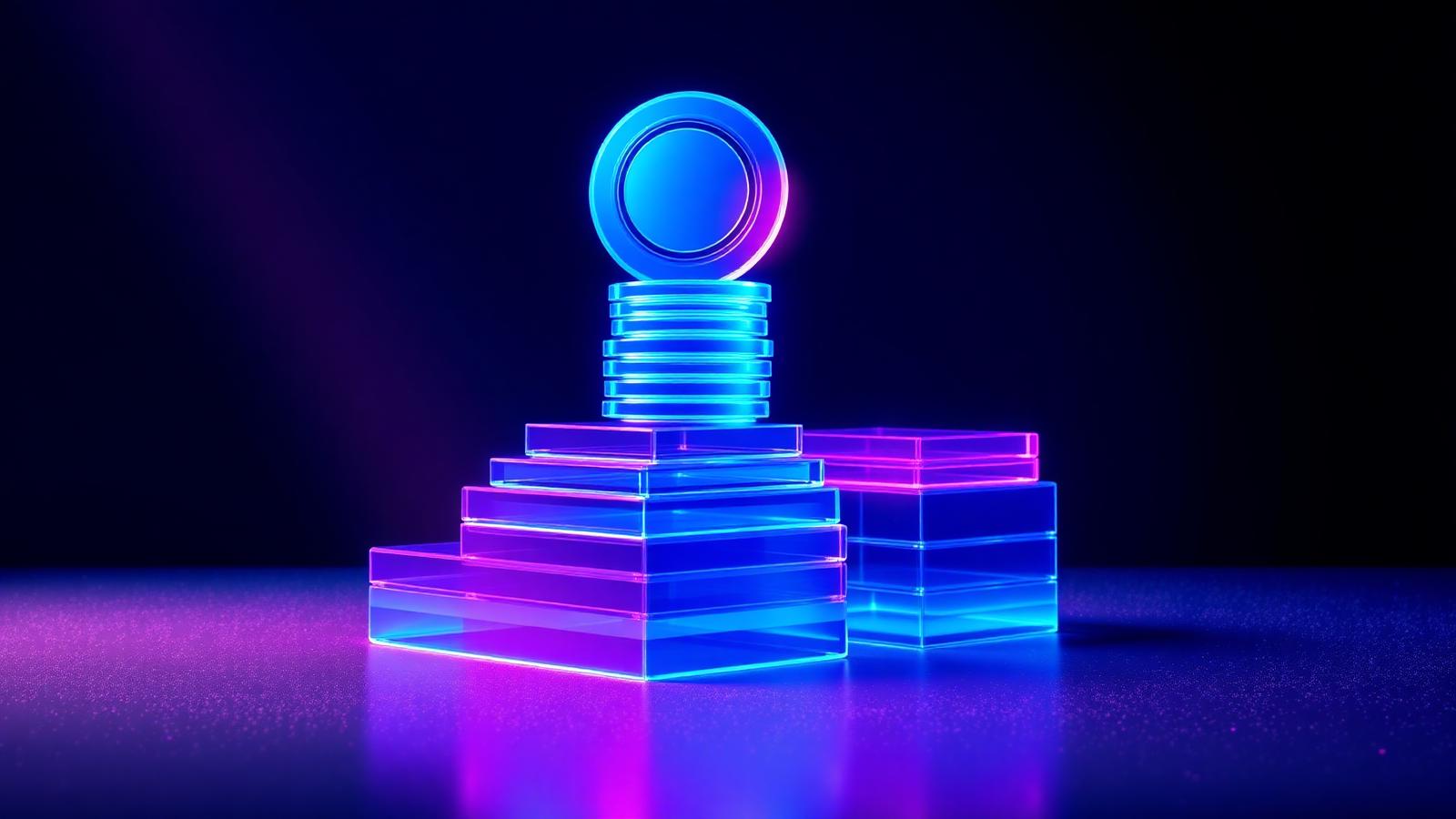 Abstract dark illustration of glowing translucent tiered blocks ascending on a deep navy background, representing field sales software pricing models