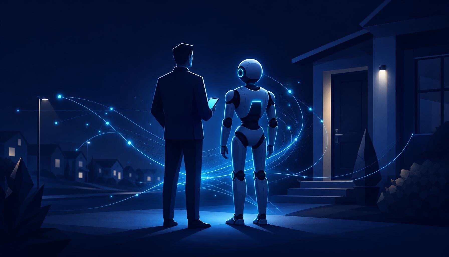 Abstract illustration of a human salesperson and an AI robot standing together at a doorstep, representing AI-powered field sales teams in 2026