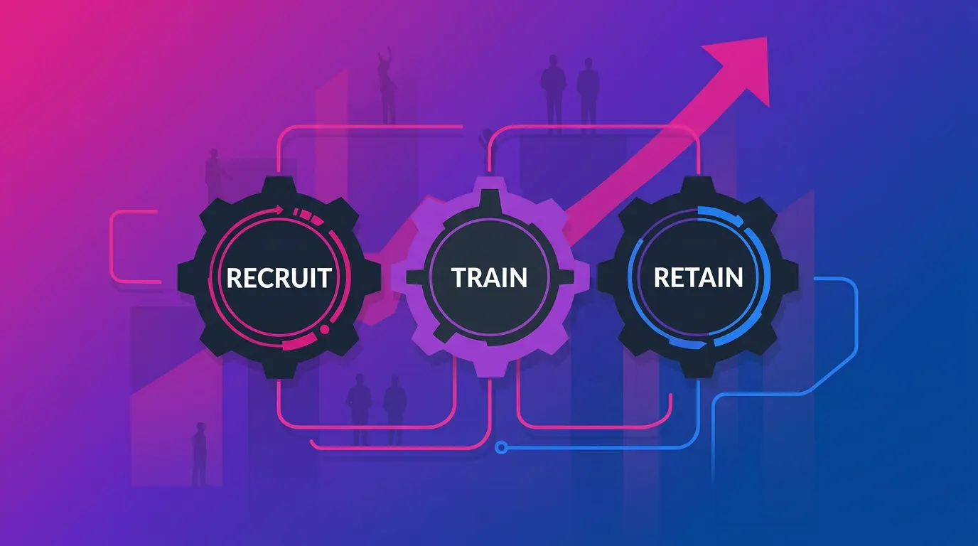 Recruit, Train, and Keep D2D Sales Reps: three interconnected gears representing a unified system for home services field sales teams