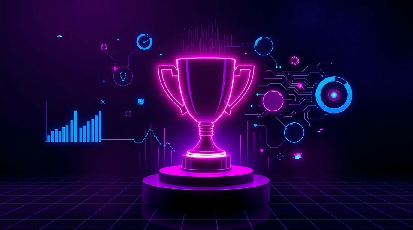 Abstract dark illustration of glowing competition podiums and a live leaderboard with purple and blue neon accents