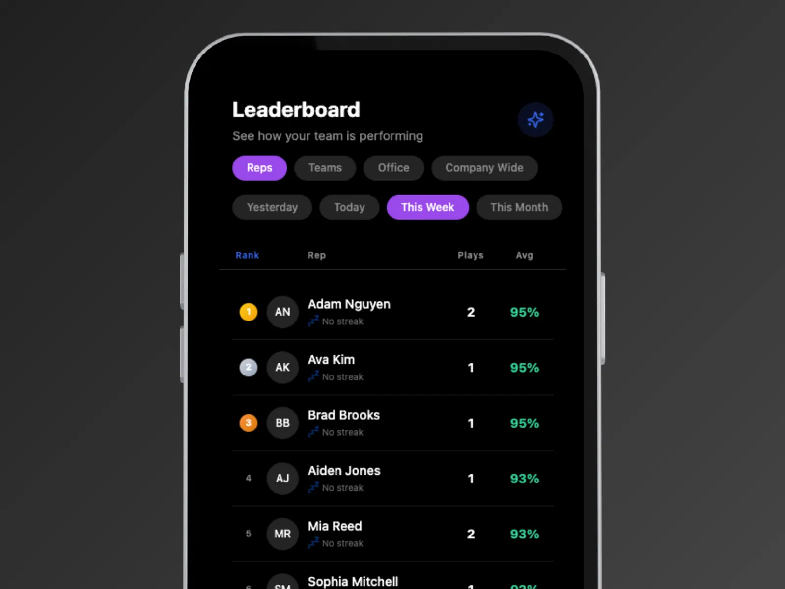 Product screenshot: "listen to others" feed showing recordings and scores