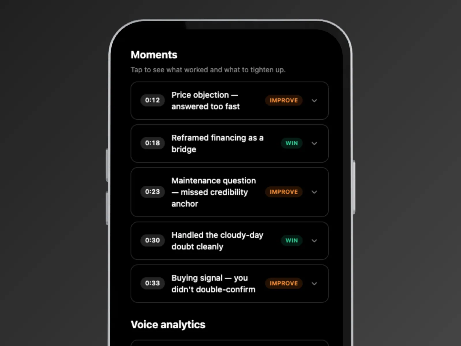 Product screenshot: scoring dashboard with feedback breakdown