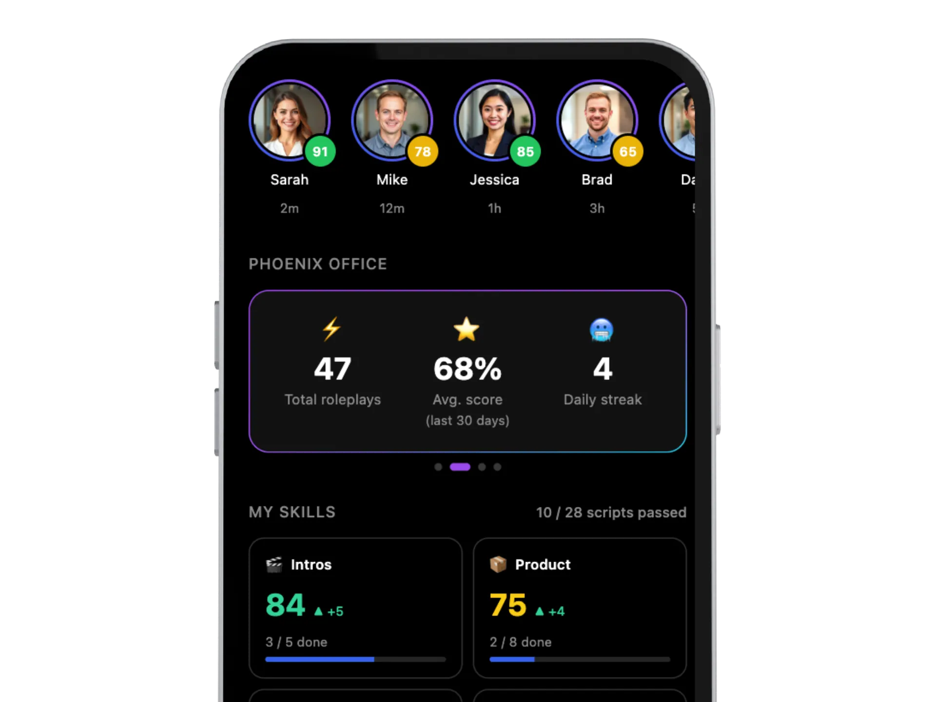 Sossy app dashboard showing roleplay scores and recent practice sessions